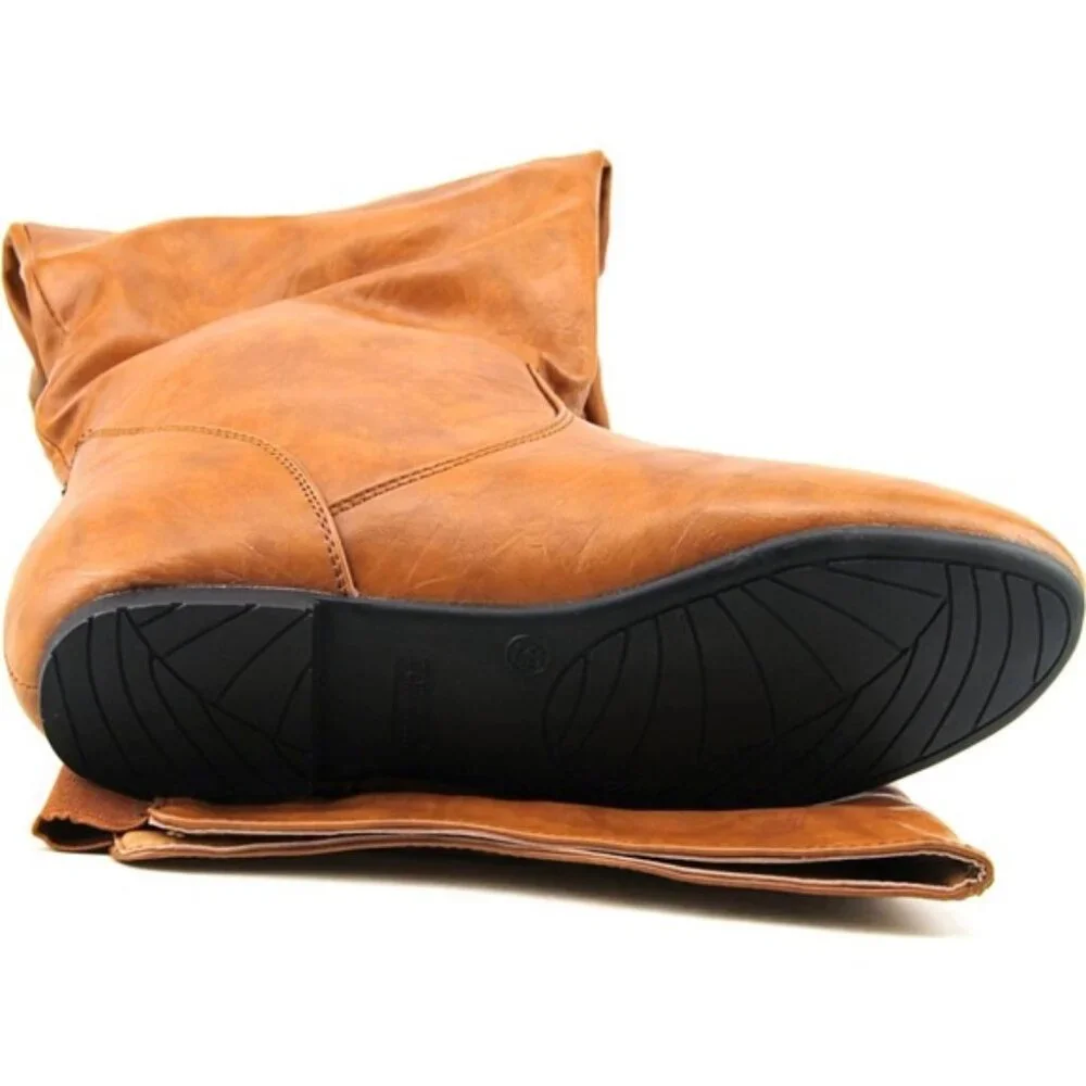 🧡 Over-the-Knee Slouchy Flat Boot – Tan Faux Leather • Pull-On • Elastic Gusset